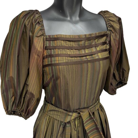 ALBERT NIPON VTG 70's Balloon Sleeves Chocolat Brown Green Taffeta Tent Dress S‎ - Picture 2 of 12